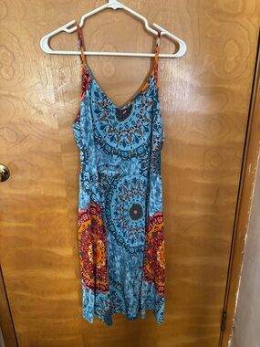 Blue Printed Midi Dress with Orange Accent